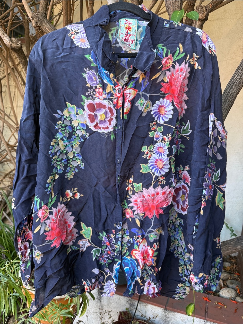 Johnny Was Navy Floral Button-Front Blouse